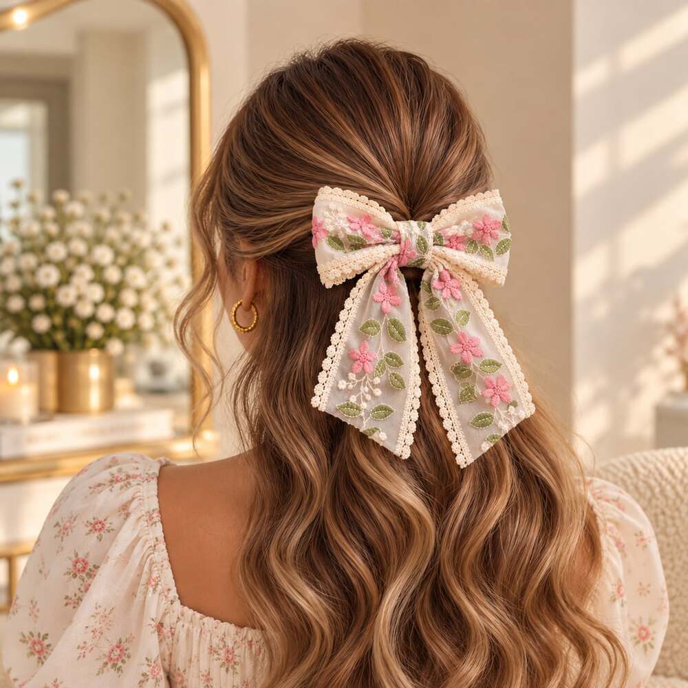 Romantic Floral Embroidered Lace Bow Pink Cottagecore Hair Barrette